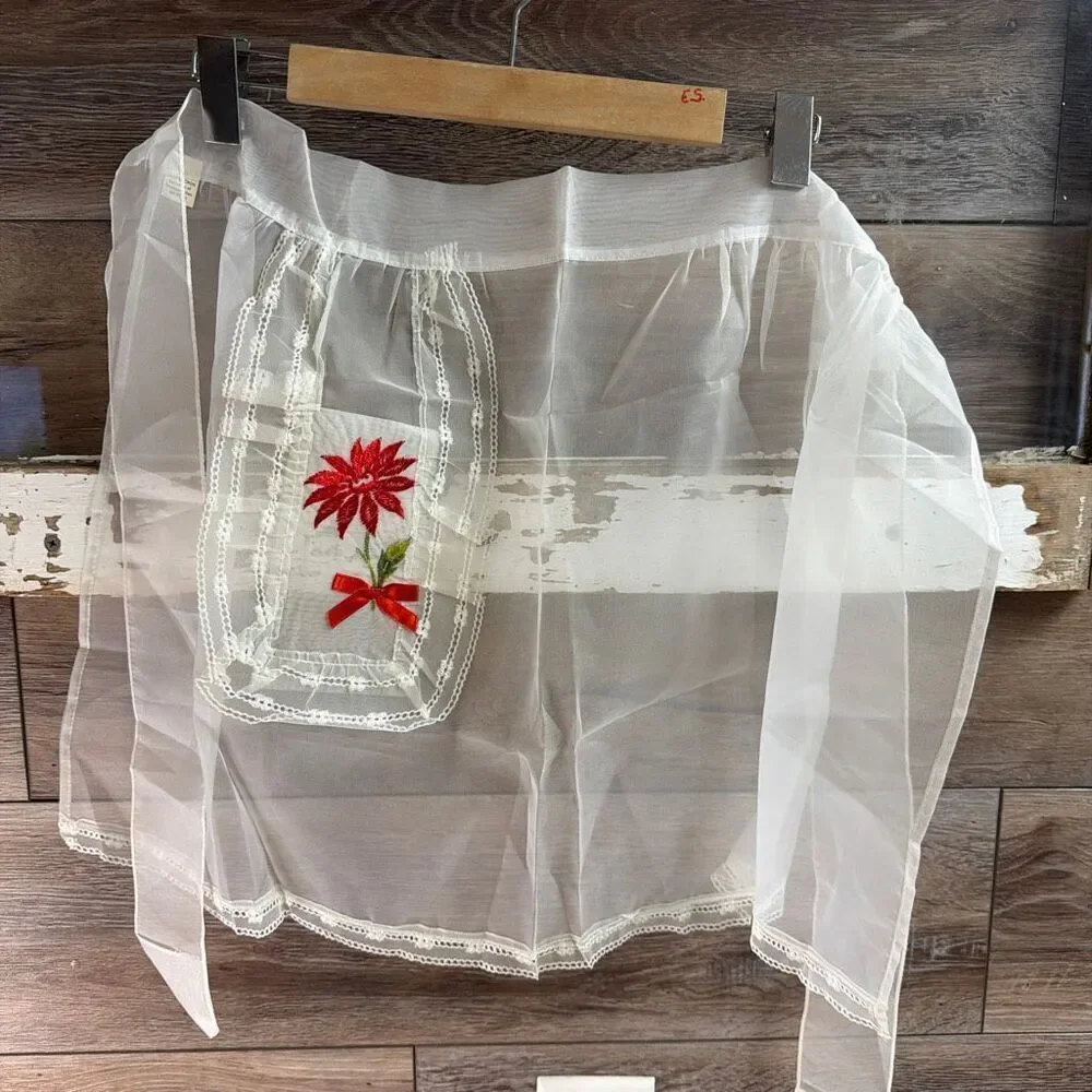Vintage 60’s White Sheer Lace Embroidered Red Poinsetta With Bow Christmas NWOT